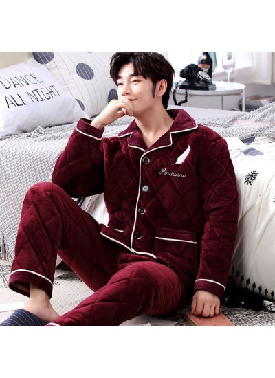 Long-sleeved warm flannel pajamas for men red/blue/grey