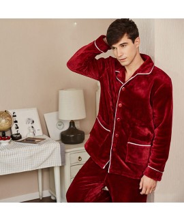 flannel long sleeve Men's cardigan pajamas warm and thick  pajamas