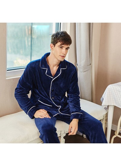 flannel long sleeve Men's cardigan pajamas warm and thick  pajamas