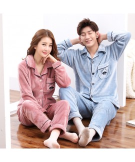 Long-sleeved flannel couple pajamas thickened warm leisure pajama set