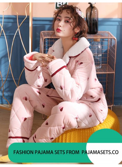 pyjamas Female Winter Three-tier Thickened Warm Keeping Flannel Suit for Fall and Winter Outside Pajamas