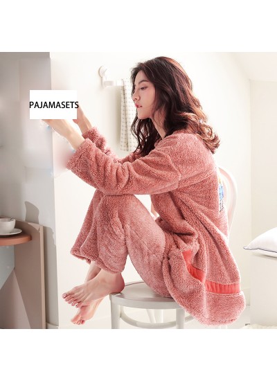Winter Long Sleeve Pajamas Long Flannel Female Autumn and Winter Thickening Pajamas Suit