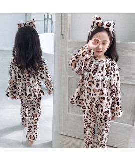Fashion leopard print girl's pajamas suit autumn a...