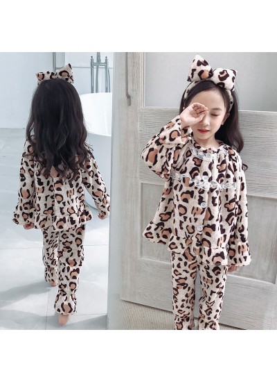 Fashion leopard print girl's pajamas suit autumn and winter cartoon children's pajamas lovely pyjamas