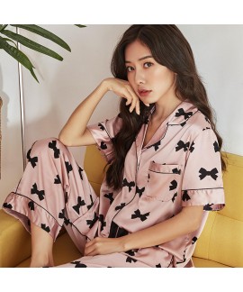 Comfortable and Cool Ladies Satin sleepwear Chiffon Butterfly-knot Printed Nightwear Set  for Summer 