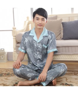 Men's Short Sleeve Simulated Silky Nightwear Slim Fashion Stripe pajama sets for Summer