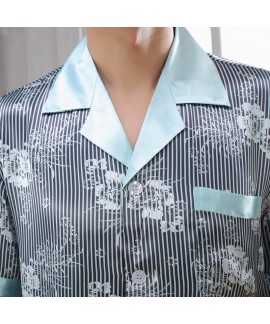 Men's Short Sleeve Simulated Silky Nightwear Slim Fashion Stripe pajama sets for Summer