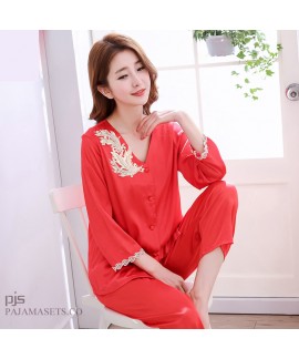 Leisure Simulated silk pajama sets for women lace cardigan mother's silky nightwear for spring