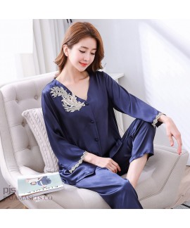 Leisure Simulated silk pajama sets for women lace cardigan mother's silky nightwear for spring