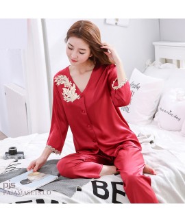 Leisure Simulated silk pajama sets for women lace ...