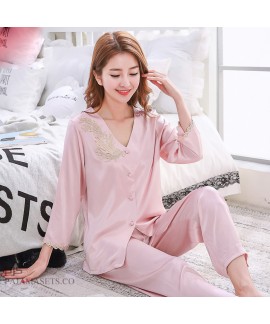 Leisure Simulated silk pajama sets for women lace cardigan mother's silky nightwear for spring