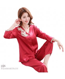 Leisure Simulated silk pajama sets for women lace cardigan mother's silky nightwear for spring