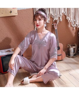 Short Sleeve ice silk Sleepwear FemaleLace Chiffon Stitching pajamas for Spring and Summer