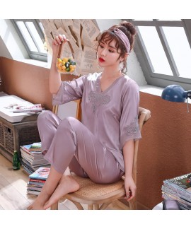 Short Sleeve ice silk Sleepwear FemaleLace Chiffon...