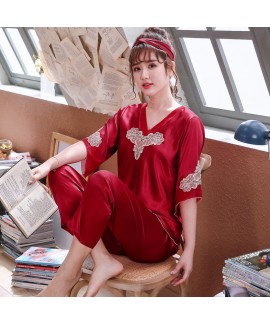 Short Sleeve ice silk Sleepwear FemaleLace Chiffon Stitching pajamas for Spring and Summer