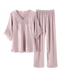 Short Sleeve ice silk Sleepwear FemaleLace Chiffon Stitching pajamas for Spring and Summer