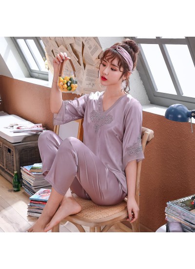 Short Sleeve ice silk Sleepwear FemaleLace Chiffon Stitching pajamas for Spring and Summer