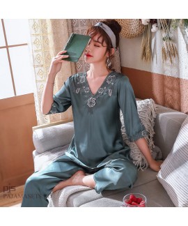 Ice Silk pajamas for middle-aged women in spring and summer