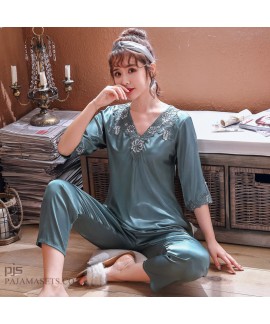Ice Silk pajamas for middle-aged women in spring a...