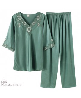 Ice Silk pajamas for middle-aged women in spring and summer