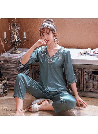 Ice Silk pajamas for middle-aged women in spring and summer