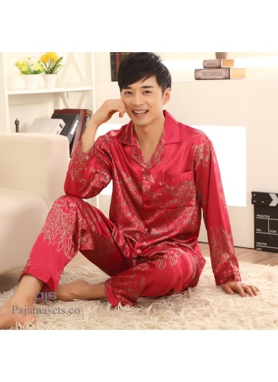 Men's comfy long sleeve silk like pyjamas cheap sleepwear for men