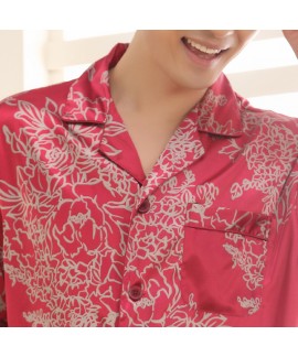 New Short Sleeve Silk like Nightwear for Wedding Red Men's pajama sets