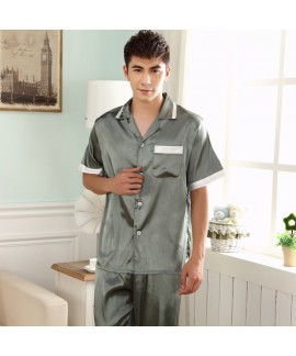 Short sleeved Men's plain fatten sleepwear large-size silk pajama sets male