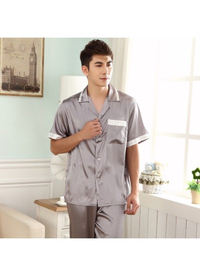Short sleeved Men's plain fatten sleepwear large-size silk pajama sets male