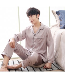New Men's luxury Silk Sleepwear for Spring Long Sleeve Slim Pyjamas with Full Size
