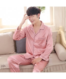 New Men's luxury Silk Sleepwear for Spring Long Sleeve Slim Pyjamas with Full Size