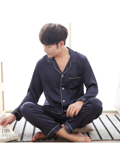 New Men's luxury Silk Sleepwear for Spring Long Sleeve Slim Pyjamas with Full Size