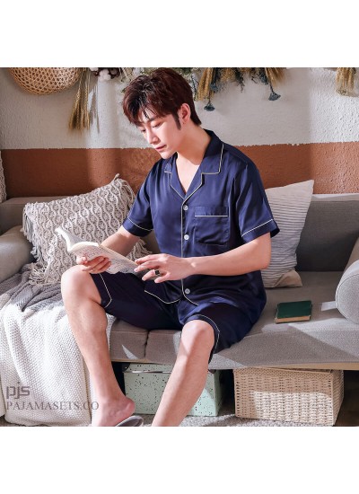 Short Sleeves Ice Silk pajamas Mens Plus Size male's sleepwear for Summer