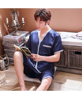 Large size Men's Simulated Silk Sleepwear Set Short-sleeved Leisure Ice Silk pajamas for summer