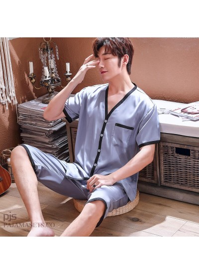 Large size Men's Simulated Silk Sleepwear Set Short-sleeved Leisure Ice ...