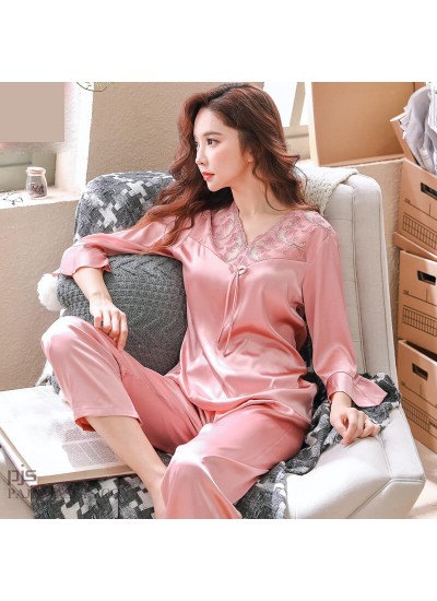 Elegant ladies silky nightwear for spring long sleeves silk like sets of pajamas for women