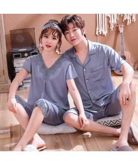 Large Simulated Silk Couple Sleepwear Set Short Sleeve Ice Silk pajamas for Summer