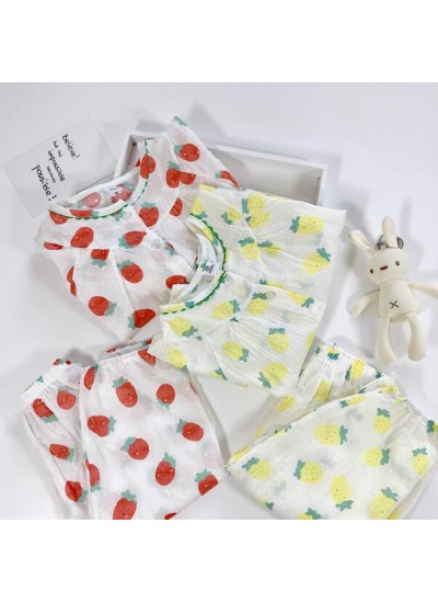 Strawberry Long Sleeve Trousers Cotton Thin Pajamas Suit For Girls