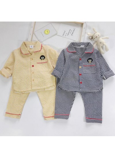 Plaid Thin Long Sleeve Children's Pajamas Suit For Spring And Autumn