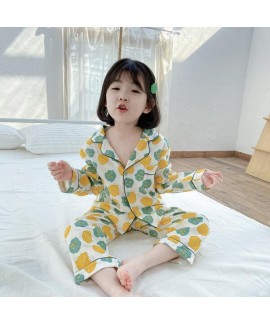 Children's Cotton Cardigan Long Sleeve Pajama Set For Spring And Autumn