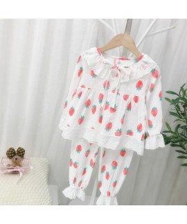 Cotton Girls Lace Strawberry Pattern Pajamas Set