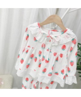 Cotton Girls Lace Strawberry Pattern Pajamas Set