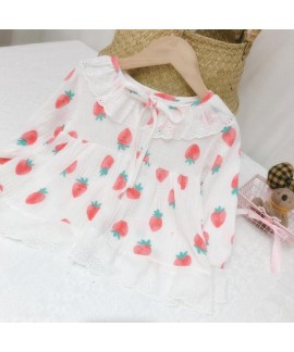 Cotton Girls Lace Strawberry Pattern Pajamas Set