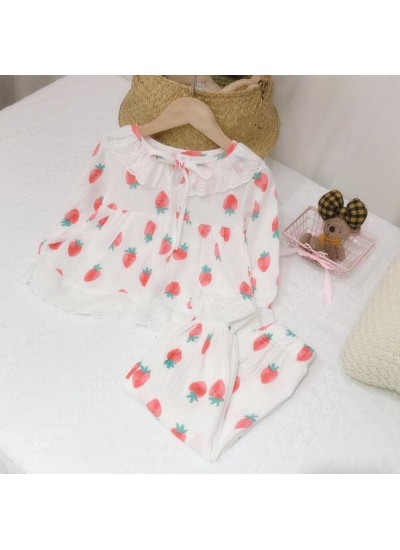 Cotton Girls Lace Strawberry Pattern Pajamas Set