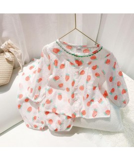100 Cotton Strawberry Thin Long Sleeve Trousers Girls' Pajamas Suit For Spring And Autumn