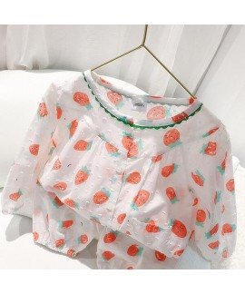 100 Cotton Strawberry Thin Long Sleeve Trousers Girls' Pajamas Suit For Spring And Autumn