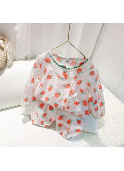 100 Cotton Strawberry Thin Long Sleeve Trousers Girls' Pajamas Suit For Spring And Autumn