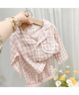 Plaid Cotton Long Sleeve Children's Pajamas Suit For Spring And Autumn