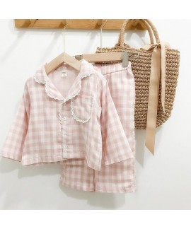 Plaid Cotton Long Sleeve Children's Pajamas Suit For Spring And Autumn