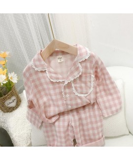 Plaid Cotton Long Sleeve Children's Pajamas Suit F...